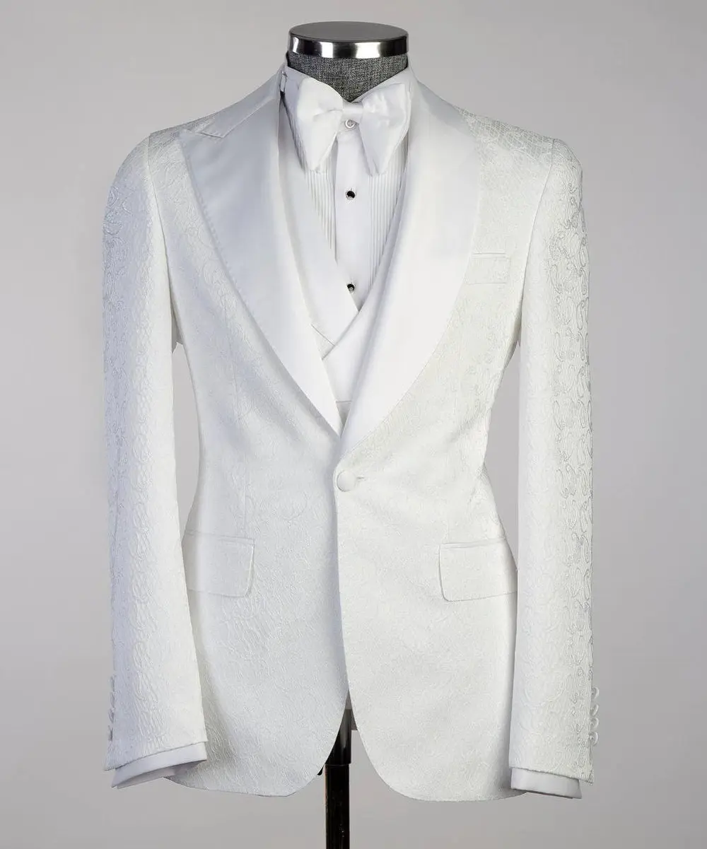 Men's White Patterned Tuxedo-Asymmetrical Satin Lapel — photograph 3