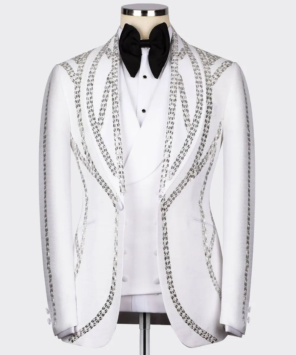 Men's White Tuxedo, Silver Gem Stoned — photograph 1