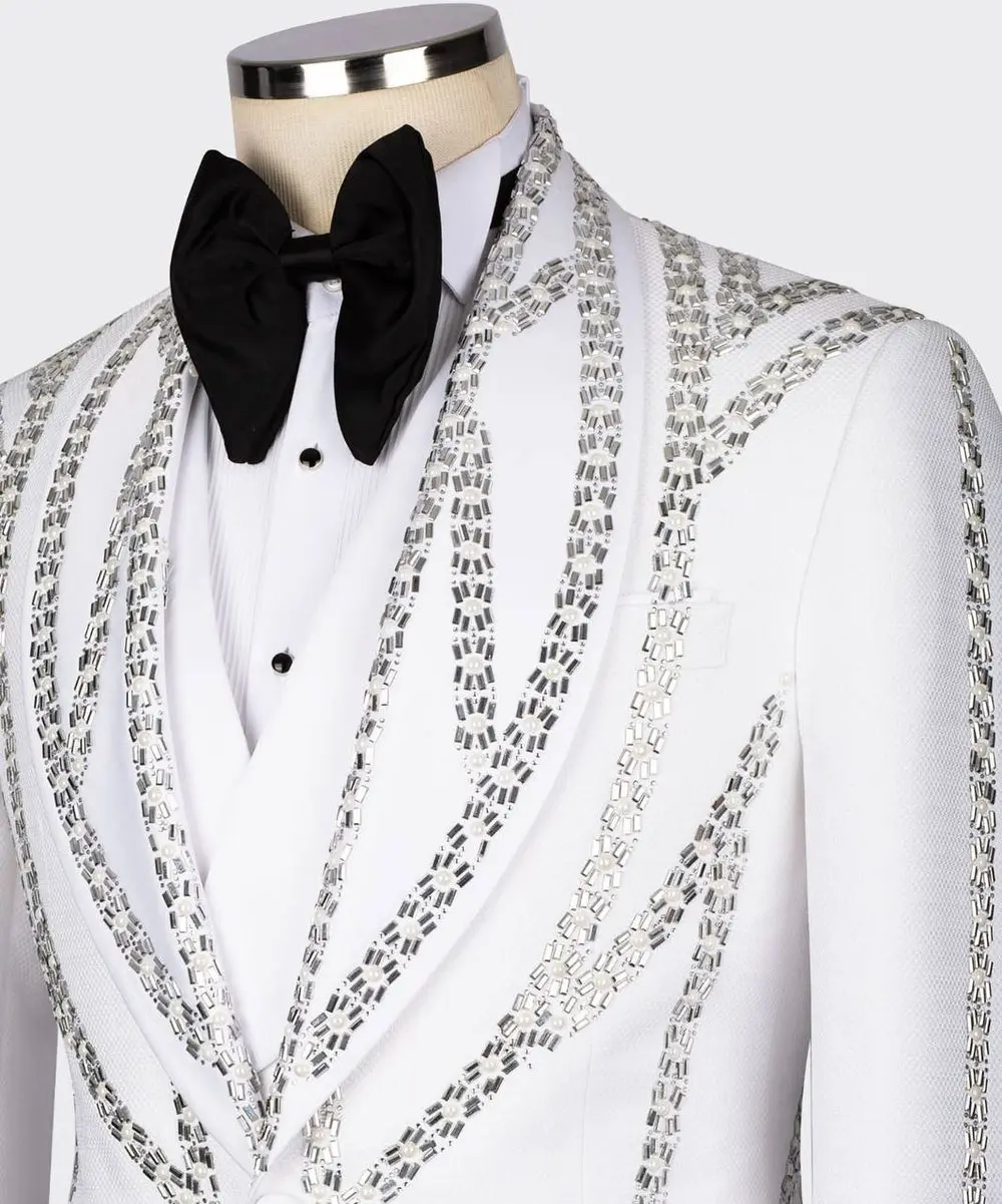 Men's White Tuxedo, Silver Gem Stoned — photograph 2