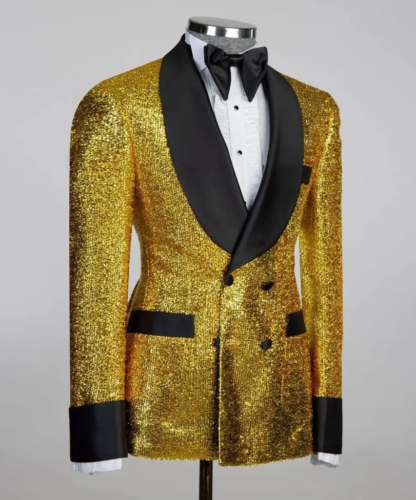 Men's 3 Piece Double Breasted Black and Shiny Gold Tuxedo — photograph 3