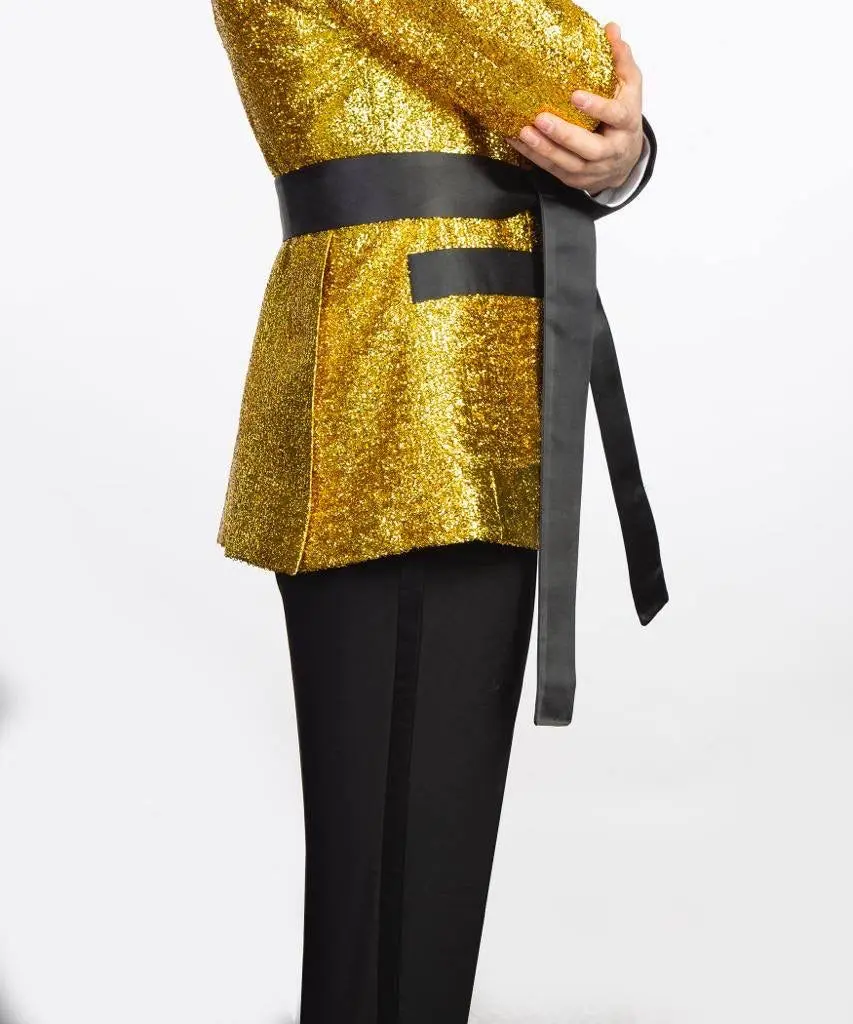 Men's 3 Piece Double Breasted Black and Shiny Gold Tuxedo — photograph 5