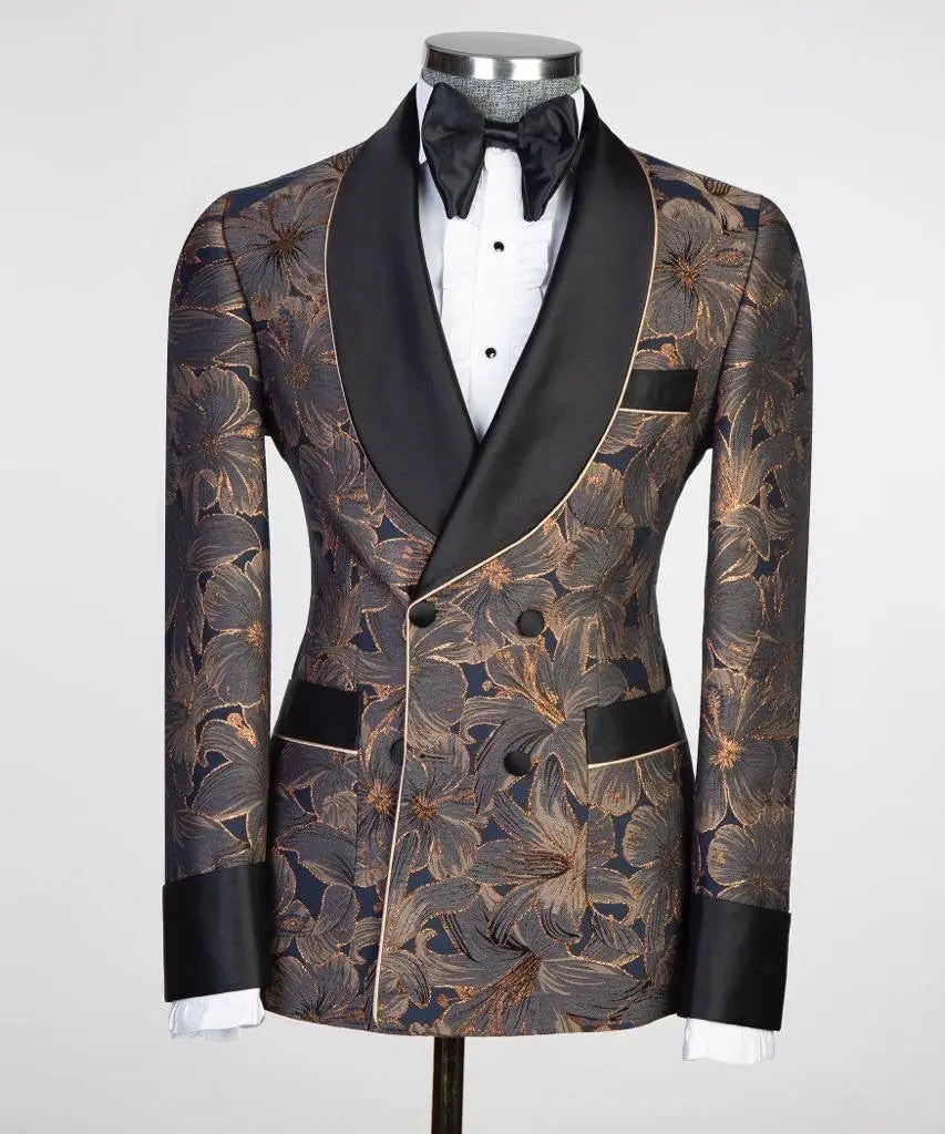 Men's 3 Piece Double Breasted Black and Gold Tuxedo — photograph 1