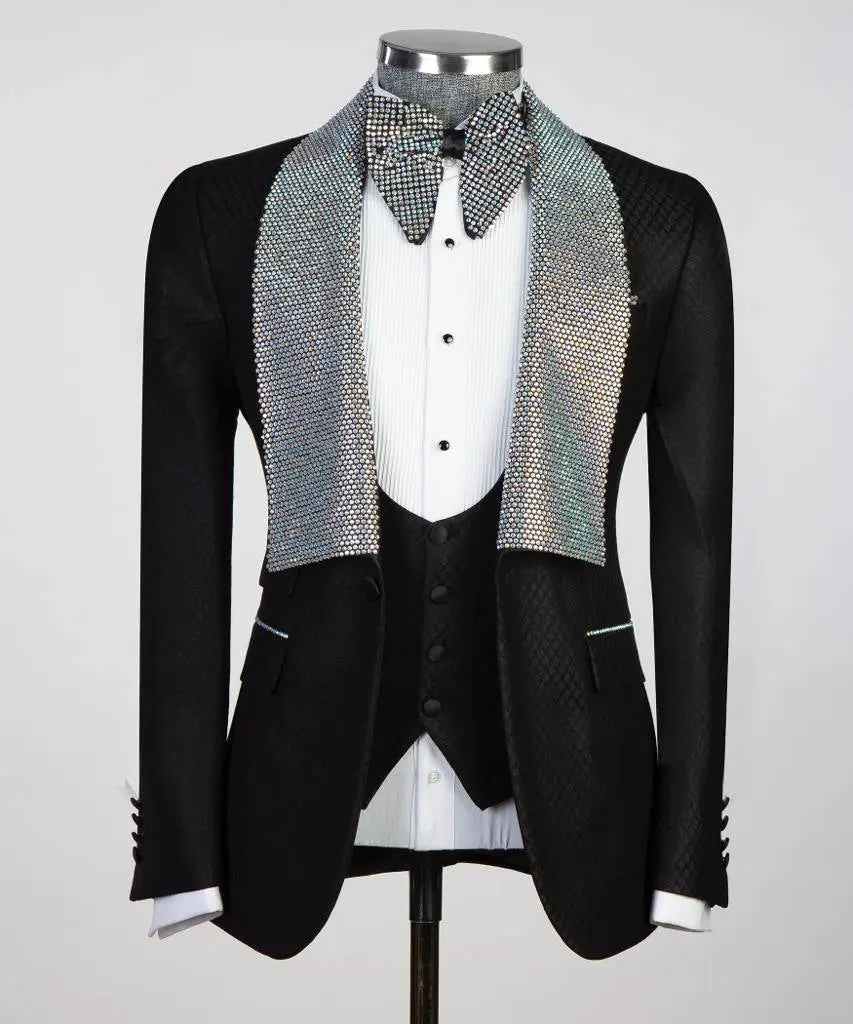 Men's 3 Piece Stone Designed Black Tuxedo — photograph 1