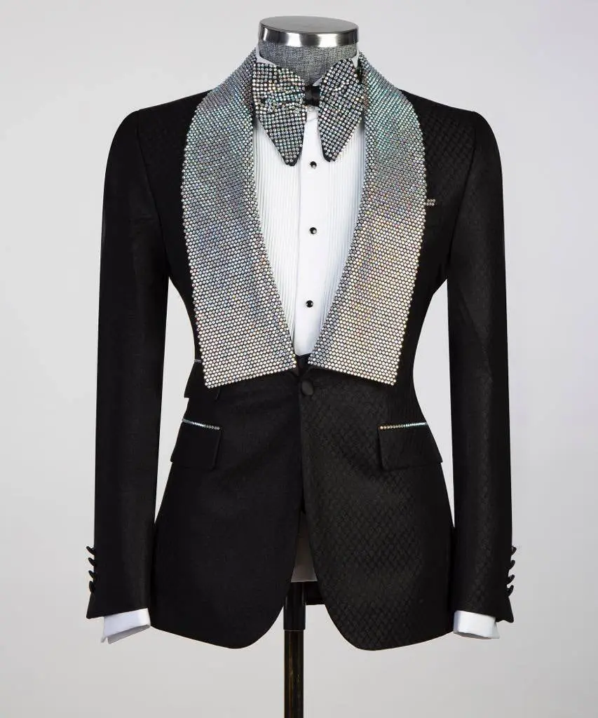 Men's 3 Piece Stone Designed Black Tuxedo — photograph 4