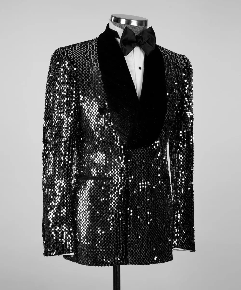 Men's 2 Piece Shining Tuxedo, Black Sequin Suit — photograph 2