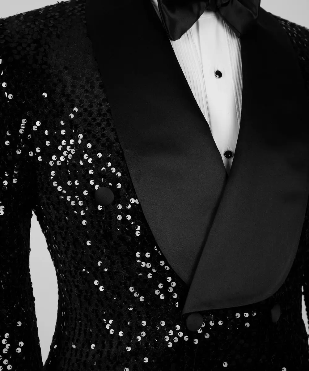 Men's 2 Piece Shining Tuxedo, Black Sequin Suit — photograph 5