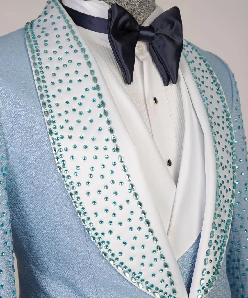 Men's 3 Piece Blue Costume, Suit, Beaded Tuxedo — photograph 4