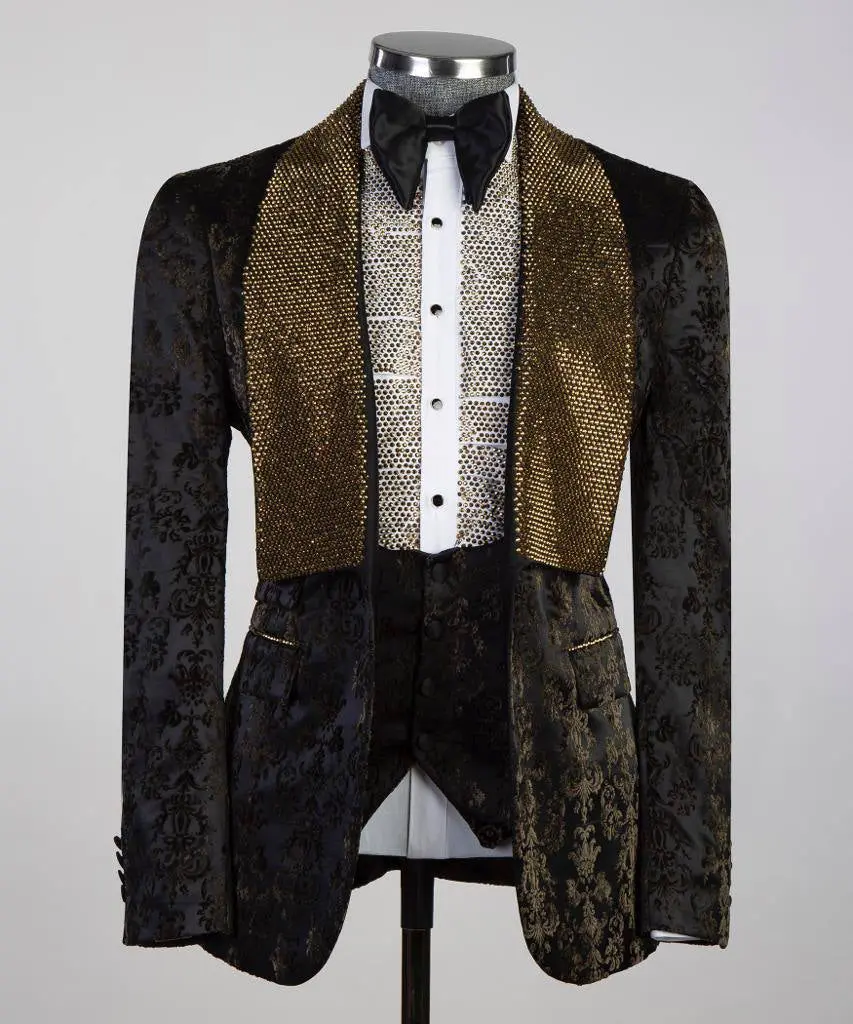 Men's 3 Piece Stone Designed Gold/Black Tuxedo — photograph 1
