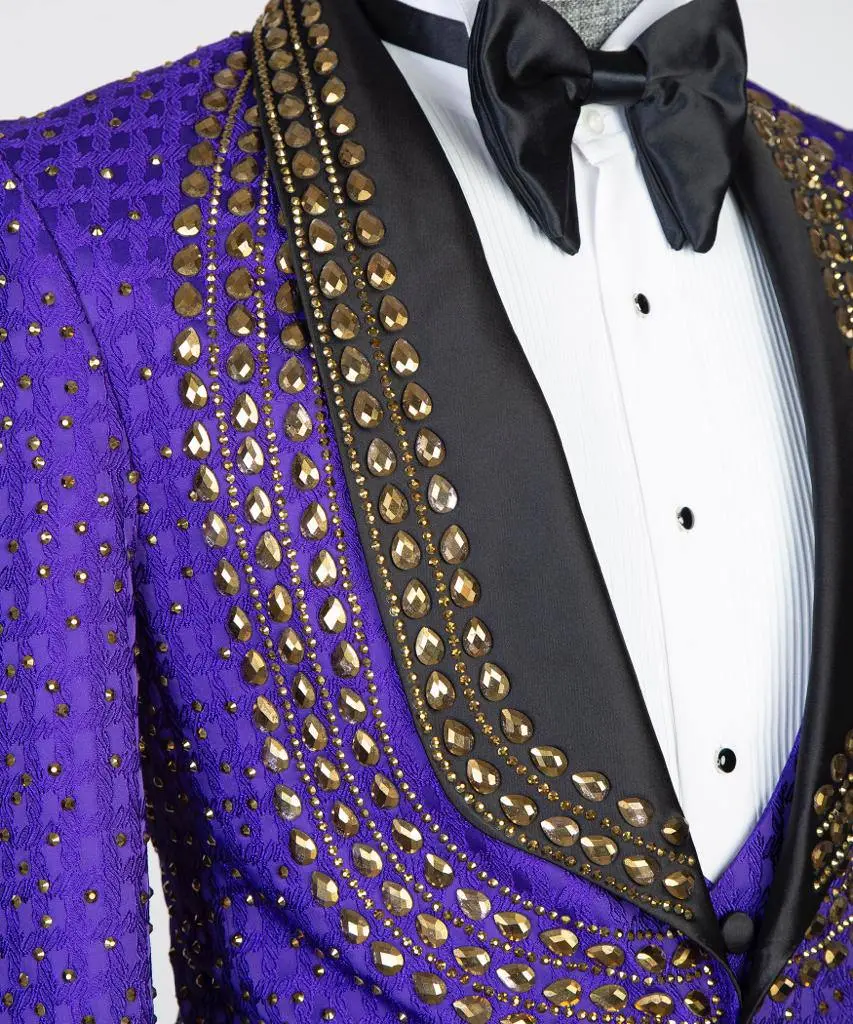 Men's 3 Piece Purple Tuxedo, Beaded Costume Suit — photograph 2