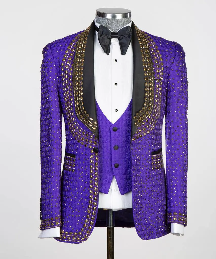 Men's 3 Piece Purple Tuxedo, Beaded Costume Suit — photograph 3