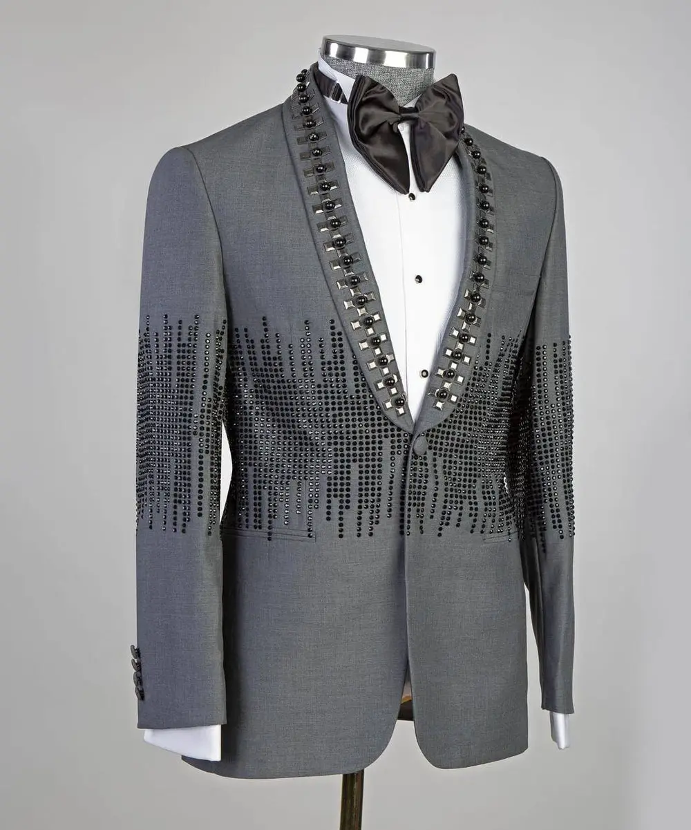 Men's 2 Piece Grey Tuxedo Suit Stone Stitched — photograph 2