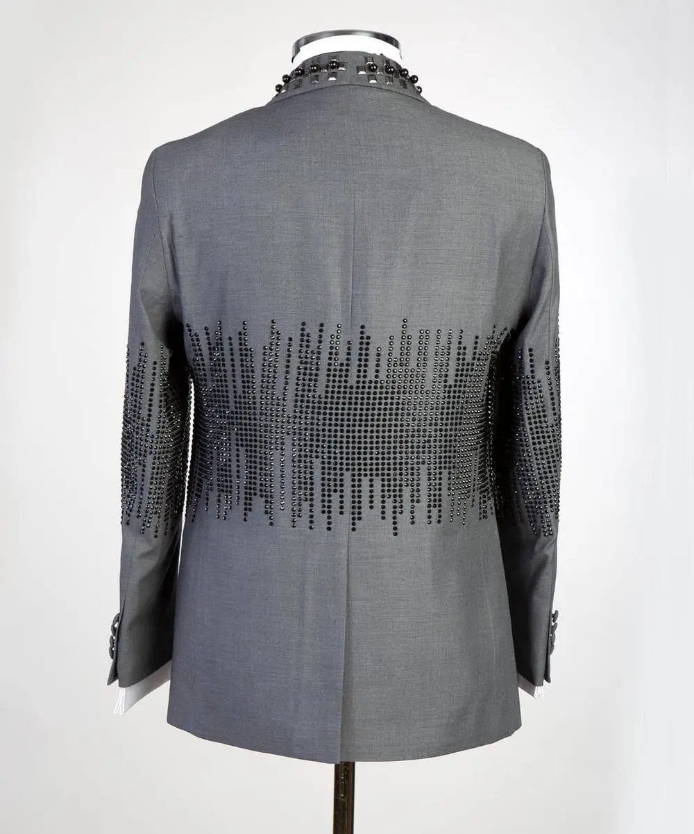 Men's 2 Piece Grey Tuxedo Suit Stone Stitched — photograph 4