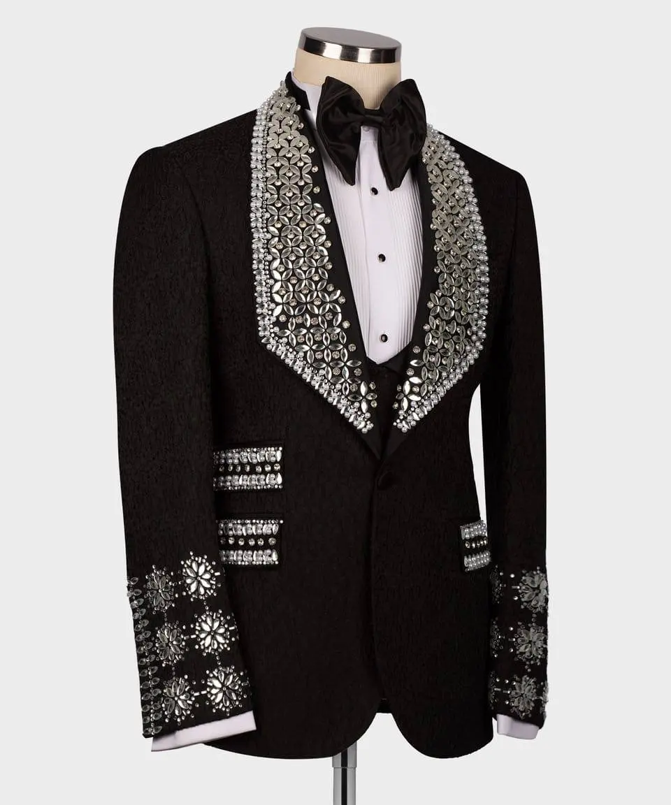 Men's 3 Piece Stone Stitched Black/Silver Tuxedo — photograph 4