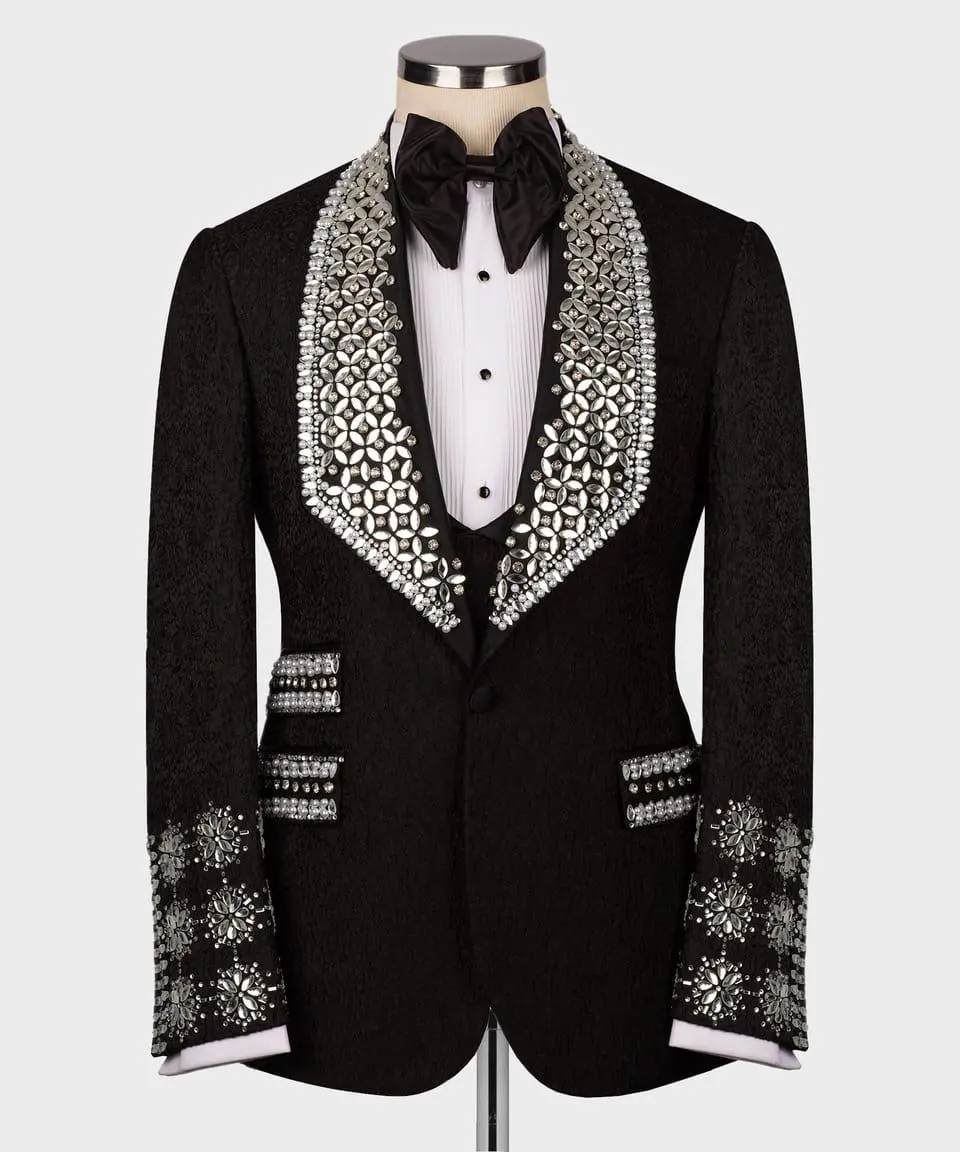 Men's 3 Piece Stone Stitched Navy/Gold Tuxedo — photograph 7