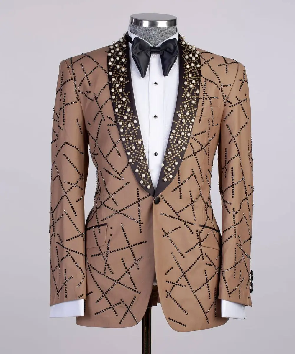 Men's 2 Piece Stone Stitched Brown Tuxedo Suit — photograph 1