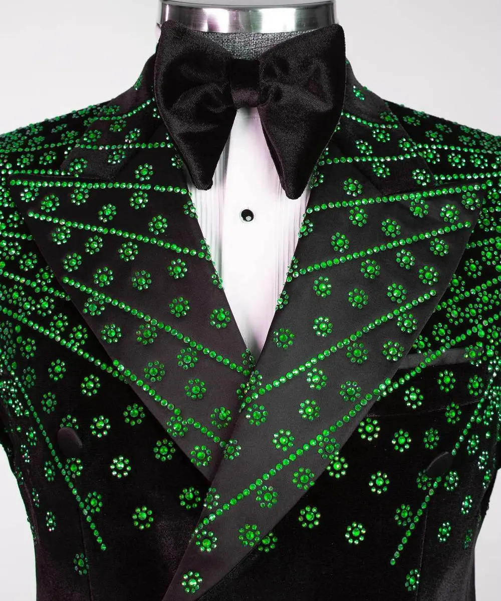 Black Velvet Tuxedo, Green Rhinestone, Double-Breasted — photograph 4
