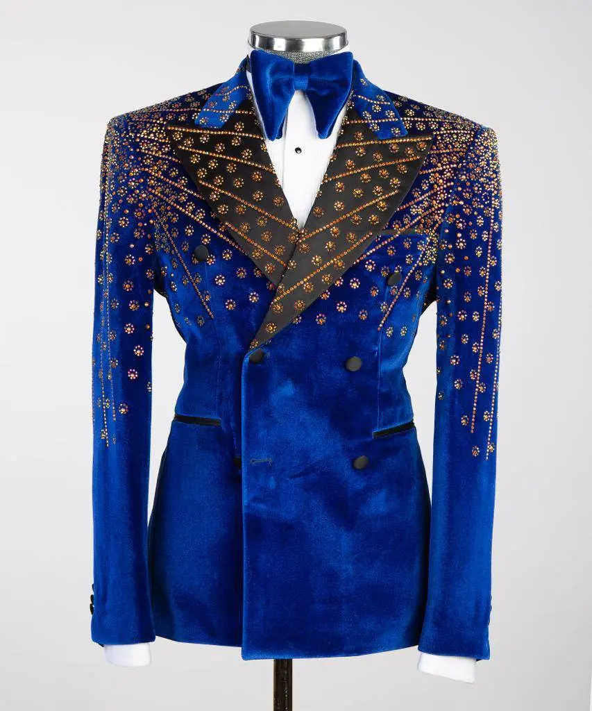 Blue Velvet Tuxedo, Gold Rhinestone, Double-Breasted — photograph 1
